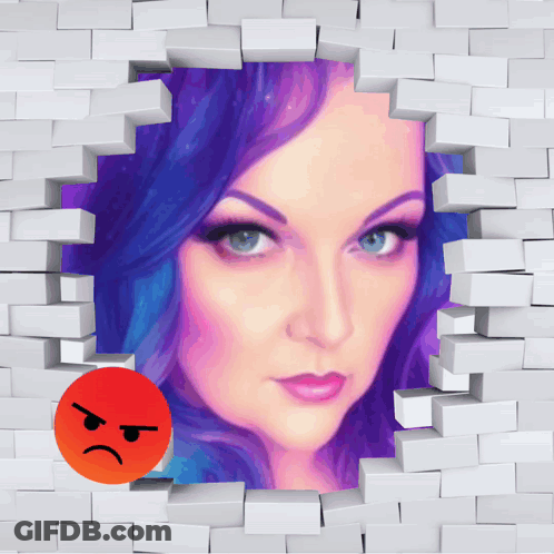 Purple-Haired Woman Behind Brick Wall With Angry Face GIF