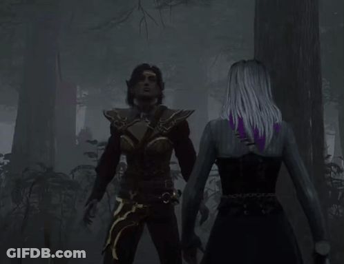 Purple-Haired Woman With Another Woman In Dark Forest GIF