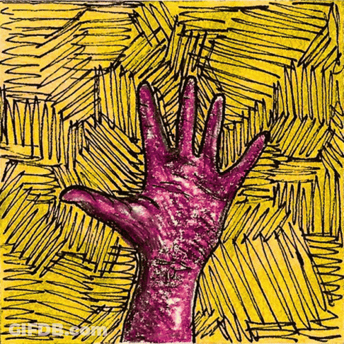 Purple Hand Reaching Up On Yellow Background GIF