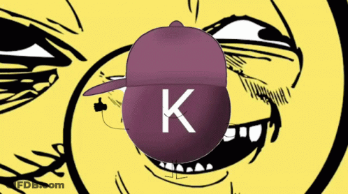 Purple Hat With Letter K In Front Of Yellow Face GIF