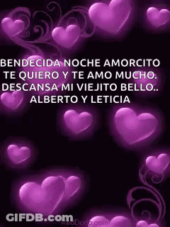 Purple Hearts On A Black Background With A Message In Spanish GIF