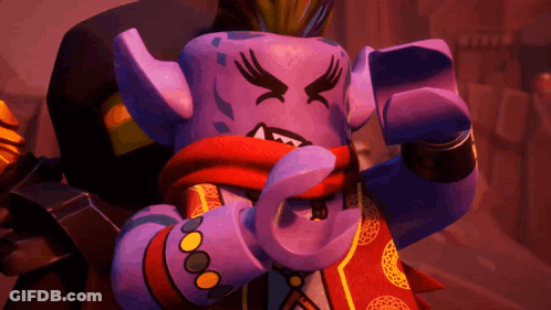 Purple Lego Character With Scarf Making Funny Face GIF