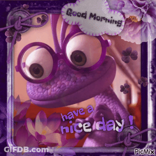 Purple Lizard With Glasses Saying Good Morning GIF