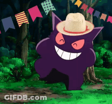 Purple Monster In Straw Hat Walking Through Forest GIF