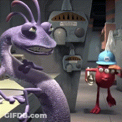Purple Monster Next To Red Monster In Blue Helmet GIF