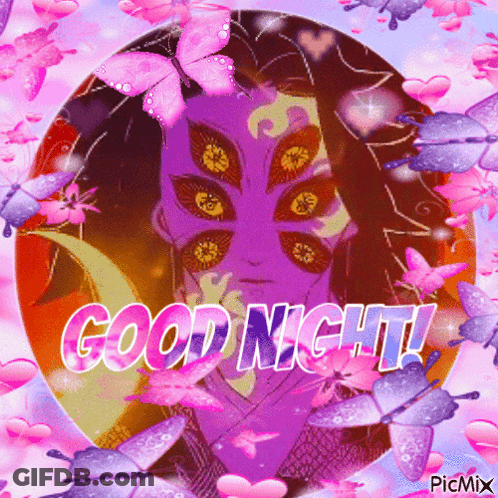 Purple Monster Surrounded By Pink Butterflies Saying Good Night GIF