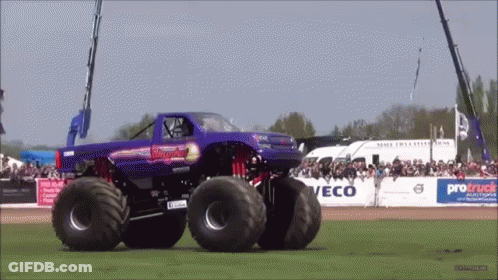 Purple Monster Truck Drives Past Crowd Protruck Sign GIF