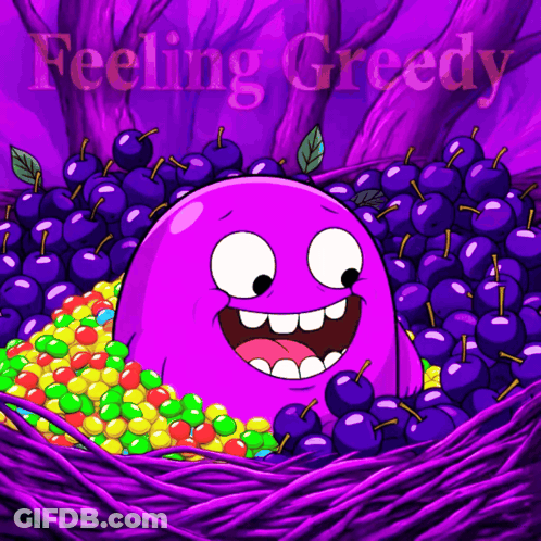 Purple Monster With Cherries And Candy Feeling Greedy GIF