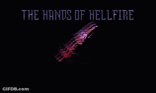 Purple Object With Hands Of Hellfire Text GIF