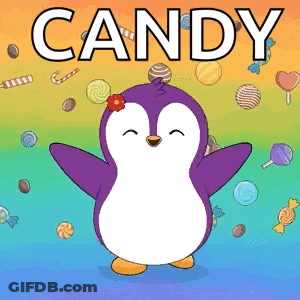 Purple Penguin With Flower Surrounded By Candy GIF
