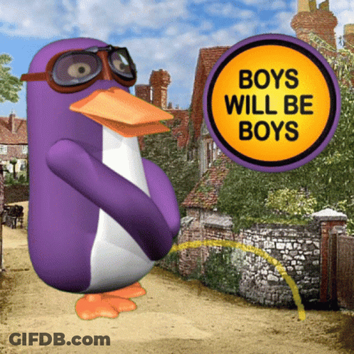 Purple Penguin With Goggles And Boys Will Be Boys Sign GIF