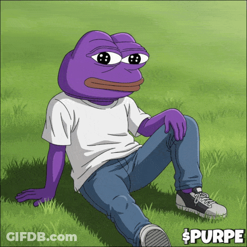 Purple Pepe Frog Sitting In Grass Wearing Jeans And White Shirt GIF