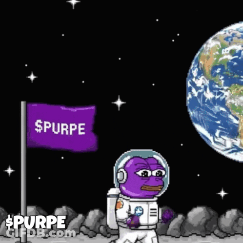 Purple Pepe The Frog Standing On Moon Next To Flag GIF