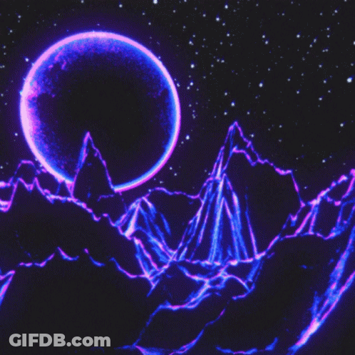 Purple Planet Surrounded By Mountains In Dark Night Sky GIF