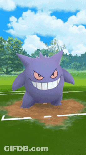 Purple Pokemon Standing On Dirt Baseball Field GIF