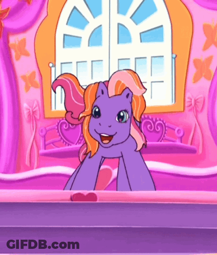 Purple Pony Sitting On Bed With Window GIF