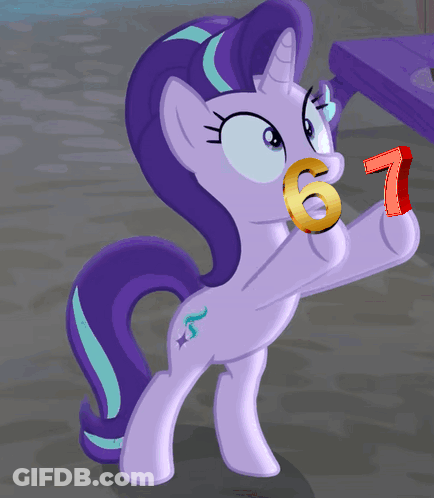 Purple Pony With Gold Ring Holding Red Number 7 GIF