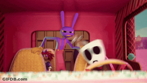 Purple Rabbit Standing Next To White Skull GIF