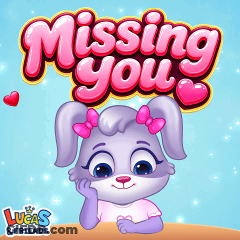 Purple Rabbit With Pink Bows Sitting Under Missing You Sign GIF