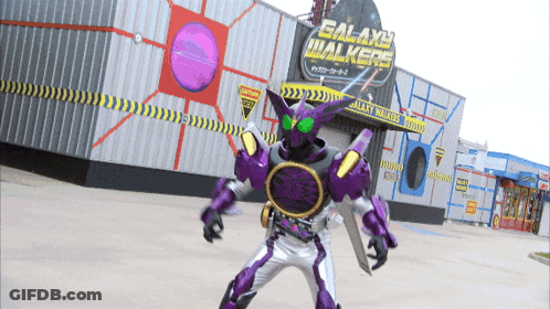 Purple Robot Standing At Galaxy Walkers Sign GIF