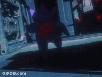 Purple Robot With Red Star On Back In Dark Room GIF