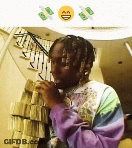 Purple Shirt Man Holding Money Stacks Smiley Face GIF