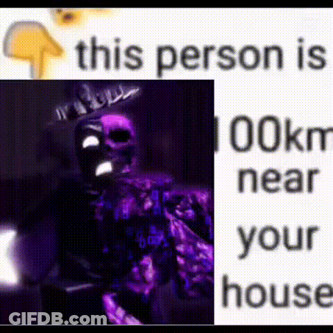 Purple Skeleton Standing Next To Sign Saying This Person Is 00Km Near Your House GIF