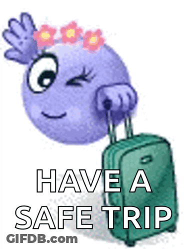 Purple Smiley Carrying Green Suitcase Have A Safe Trip GIF