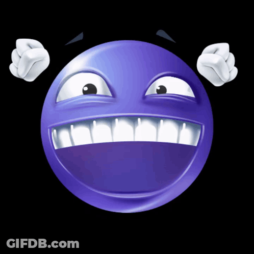 Purple Smiley Face With White Teeth And Fist In Air GIF