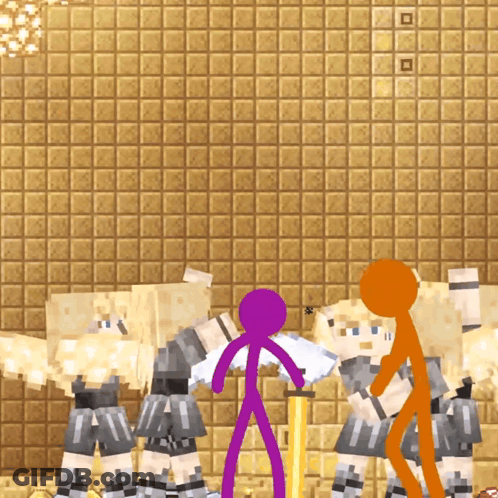 Purple Stick Figure In Front Of Sword-Wielding Stick Figures GIF
