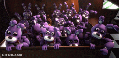 Purple Stuffed Animals Peeking Out Of Wooden Box GIF