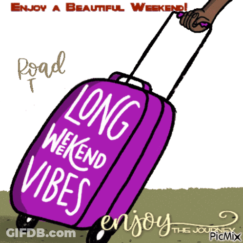 Purple Suitcase Saying Long Weekend Vibes GIF