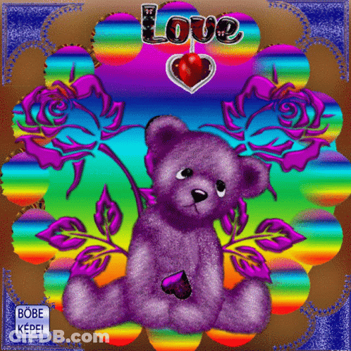 Purple Teddy Bear Surrounded By Rainbow Flowers And Love Heart GIF