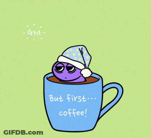 Purple Worm Sticking Out Of Blue Cup But First Coffee GIF