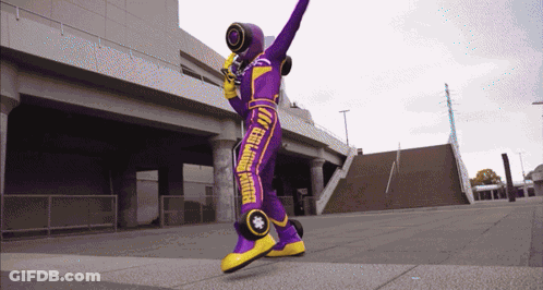 Purple Yellow Costume Saying I Feel Like A Robot GIF