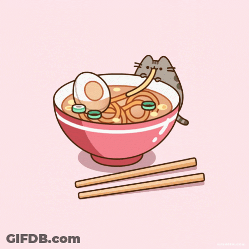 Pusheen Cat Eating Noodle Food Coma GIF