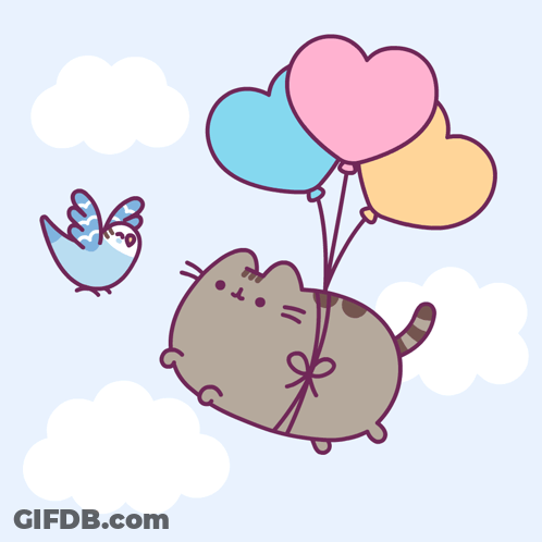 Pusheen Cat Flying With Heart Balloons GIF