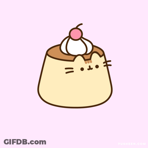 Pusheen Cat Shaped Pudding With Whipped Cream And Cherry GIF