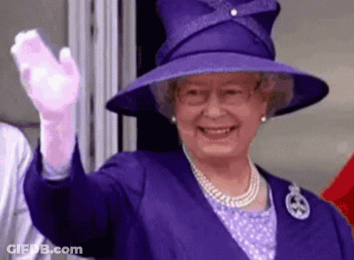 Queen Elizabeth Waving In Purple Hat And Gloves GIF