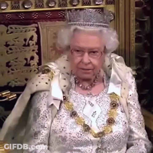 Queen Elizabeth Wearing Crown And Necklace On Throne GIF