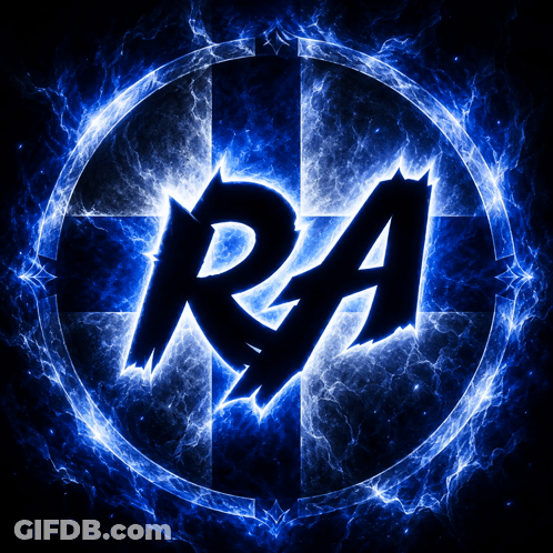 Ra Is Written In A Blue Circle With A Cross In The Background GIF