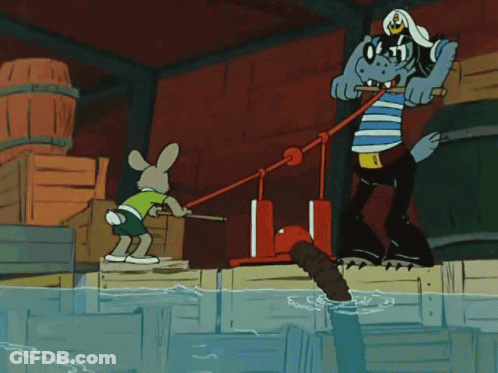 Rabbit And Crocodile Pulling Rope In Water GIF
