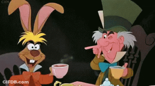 Rabbit And Mad Hatter Sitting At Tea Table GIF