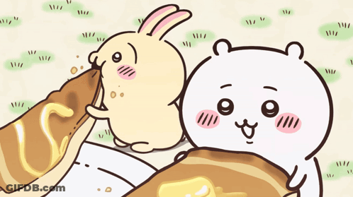 Rabbit Eating Bread Next To Bear GIF