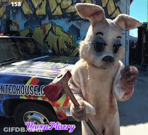Rabbit Holding Bloody Axe In Front Of Car Saying Raven Misery GIF