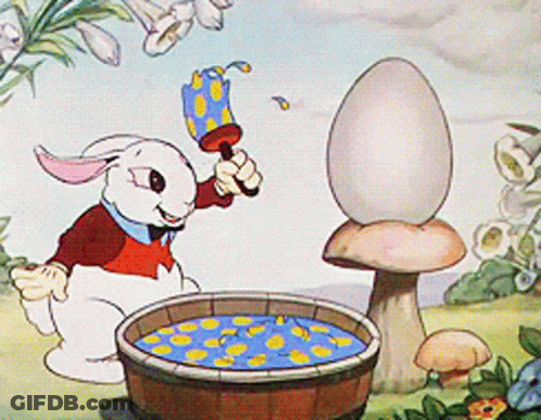 Rabbit Holding Umbrella Next To Bucket And Egg GIF