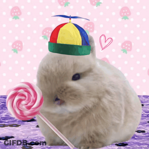 Rabbit In Colorful Hat Holding Pink Lollipop GIF