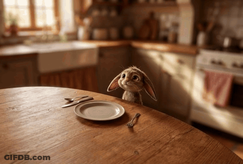 Rabbit Sitting On Wooden Table With Plate And Silverware GIF