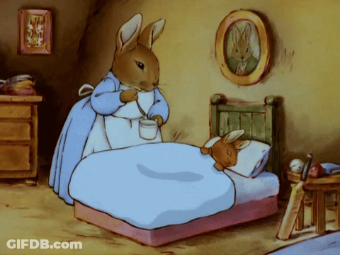 Rabbit Standing Next To Bed Holding Cup GIF
