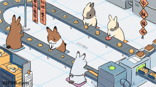 Rabbits Sitting On Conveyor Belt With Chinese Writing GIF